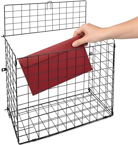 Unibos Large Letterbox Cage Mail Catcher – Heavy Duty Metal Letter Box Guard Basket for Door, Dog Proof Indoor Post Catcher with Flip Lid & Fixings, Easy Install, Black