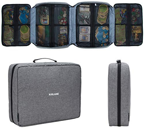 KISLANE Brettspiel-Tragetasche mit 18 Taschen für Brettspiele, Spielsteine, Karten und mehr, erweiterbare Brettspiel-Aufbewahrungslösung für Reisen, Party, Treffen (grau)