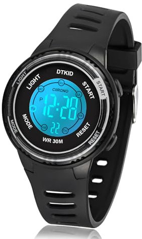 DTKID Orologio Digitale Bambino, Orologio Bambino Ragazzo Ragazza, 3 ATM Impermeabile Sport All'aperto da Polso Bambini con Timer, Sveglia, Calendario 5-15 anni (Nero)