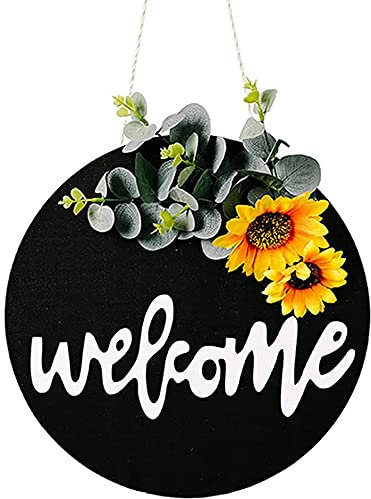 Alnicov, Cartello di benvenuto con ghirlanda per porta d'ingresso, in legno, per fattoria o portico, decorazione per porta anteriore (motivo girasole)