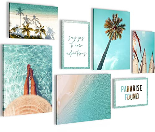 Novart Wandbilder Karibik - KOMPLETT AUFHÄNGFERTIG - Strand Meer Palmen Wohnzimmer Schlafzimmer - 7 Moderne Mood-Bilder - N019571a