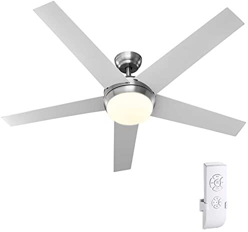 BAKAJI Ventilatore Lampadario da Soffitto 5 Pale in Legno con Lampada Plafoniera 60 LED 20W in Vetro 3 Velocità Funzione Timer Luce Cambio Colore e Telecomando Diametro 132cm Bianco Silver