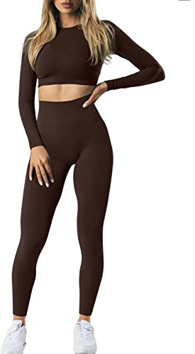 Damen Traingsanzug Sport Sets Sportanzüge Jogginganzug Langarm Sport Top und hohe Taille Hosen 2 Stücke Bekleidungssets Yoga Outfit Sportswear Gym Leggings Set(Siegel Braun,M)
