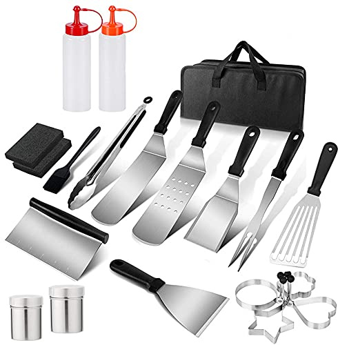 BBQ Set Kochspatel BBQ Spatula Outdoor BBQ Tool BBQ Teppanyaki Set - Heavy Duty Edelstahl Grillset in Koffer für Outdoor Cooking Camping Grillen, Silber (Silber)