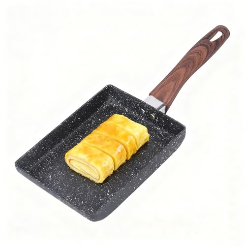 Natudeco Sartén Tamagoyaki japonesa sartenes para tortillas 13 x 18 cm Sartén antiadherente para rollos de huevo rectangular Mango de madera