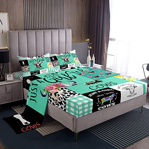 Juego de sábanas con estampado de vaca, juego de ropa de cama con estampado floral de vaca lechera, sábana bajera ajustable verde para niños, niñas y adultos, tamaño King con 2 fundas de almohada