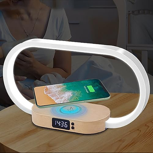 LASIEYO Bedside Lamp with Wireless Charger, Dimmable 3 Color Modes Wood Decor Table Lamp Bedroom Lamp Desk Lamp with Clock, USB Port Touch Lamp for Home, Dorm and Office
