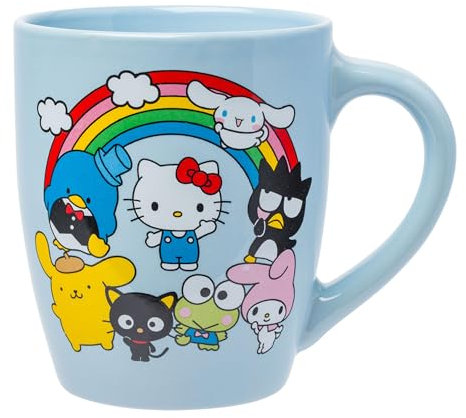 Silver Buffalo Sanrio Hello Kitty and Friends Mug incurvé en céramique avec Badtz-Maru, My Melody, Cinnamoroll, Pompompurin, Tuxedo Sam, Keroppi et Chococat Rainbow Jumbo Tasse incurvée en céramique,