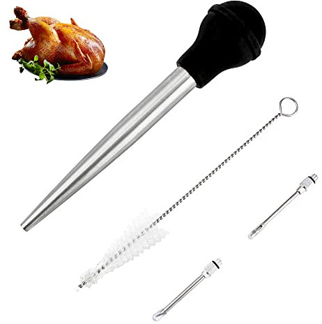Omoojee Jeringa de pavo para cocinar, inyector de carne grande de acero inoxidable, con cepillo de limpieza y 2 agujas de adobo, color negro