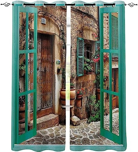 ANEEHA Vorhang Blickdicht Italien Vorhänge Vintage-Gebäude Gardinen Wohnzimmer Schlafzimmer Verdunklungsvorhänge Thermovorhang 3D Druck Schallschutz Vorhang mit Ösen 2er Set B 100 x H 160 cm