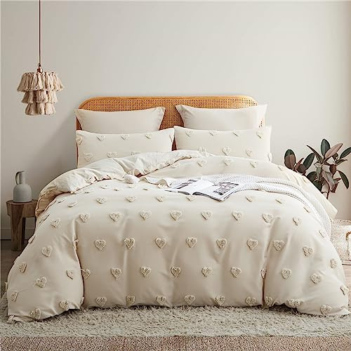 Tospass Boho Bettwäsche 200x220 Beige Stickerei Getuftet Herz BettwäscheSet | Aesthetic Bettwäsche Shabby Chic, 3teilig Mädchen, Microfaser ÖKO-TEX Bettbezug mit Reißverschluss und 2 Kissenbezug 80x80cm
