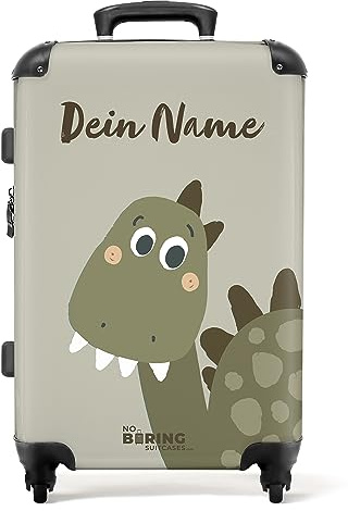NoBoringSuitcases.com® Koffer personalisiert, 67x43x25cm - Reise- und Kinderkoffer - Hartschalenkoffer - Fröhlicher Dinosaurier - Mittelgroß mit Rollen - Koffer mit Namen