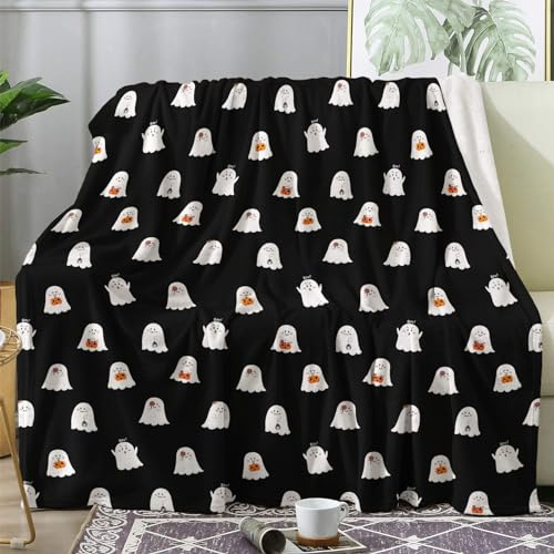 Kuscheldecke Flauschig Schwarz Weiße Geist, Große Decke Fleecedecke 220x240 Halloween, Flanell Sofadecke Blanket XXL, Wohndecke Schlafdecke Winter Warm Weich, Deko Decken für Couch Bed
