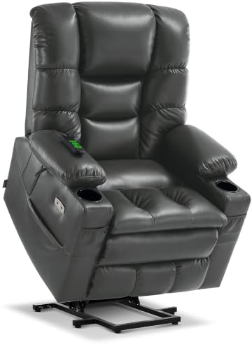MCombo Triple Motor Electric Riser Recliner Chair for Elderly, Recliner Armchair with Massage & Dual Heating, Adjustable Headrest, Faux Leather 7634 (Dark Grey, Large)