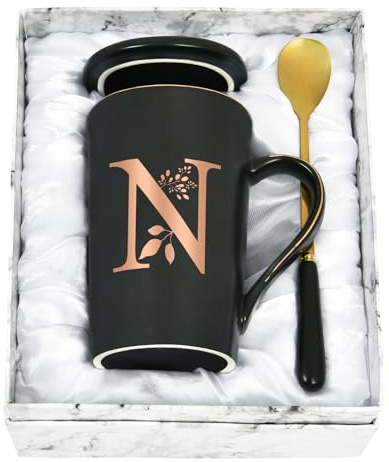 Joymaking Tasse personnalisée avec lettres de l'alphabet - Tasse à café avec motif floral - Nom initiale - Cadeaux personnels - Tasse à café pour femme et petite amie - N - 400 ml noir