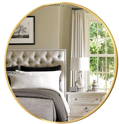 Antok Spiegel Rund, 62cm Gold Dekorative Wandspiegel für Bad, Eitelkeit, Wohnzimmer, Eingangsbereich, Runder Spiegel Hängend oder Lehnend, Aluminium Rahmen