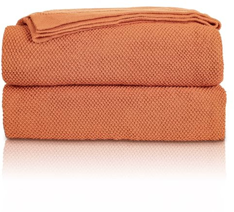 MYLUNE Home Baumwolldecke Strickdecke Öko-Tex 150x200cm Kuscheldecke 100% Baumwolle Sofadecke Wohndecke Gehäkelte Decke Cotton Knitted Blanket-Karamell Orange 150 x 200 cm