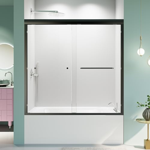 56-60 W x 58 H Bathtub Shower Door, Double Sliding Semi-Frameless Tub Shower Door with Premium 1/4 Inch (6mm) Thick SGCC Tampered Glass, Matte Black