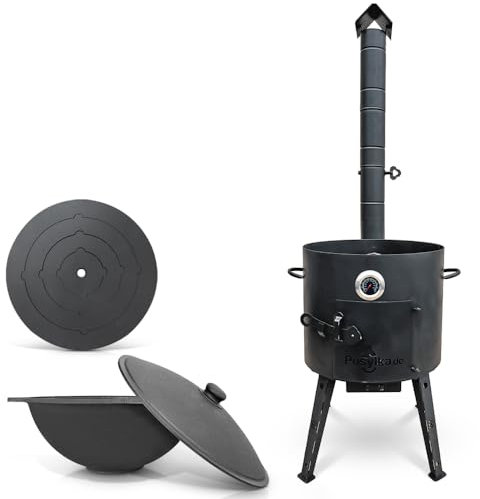 Utschak Uchag - Hornillo de fuego (40 cm de diámetro, 2 mm, acero, 4 mm, Kazan, 12 L, base plana con termómetro)