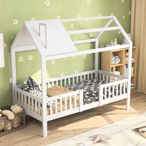 DIYHOM Kinderbett Hausbett 90 x 200 cm, Holzbett für Kinder mit Schornstein, Rausfallschutz und Lattenrost, Dekoratives Dach, Weiß