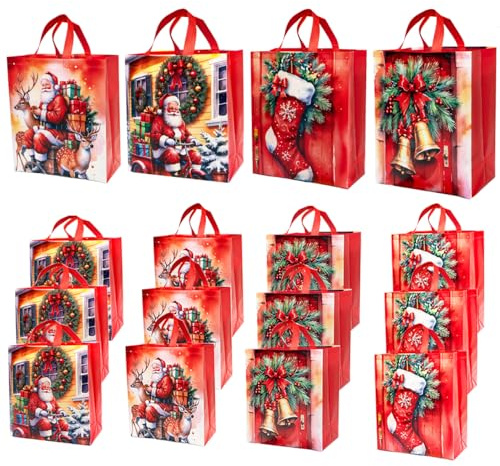 16 Stück Weihnachtstüten Groß, 26.5 x 29 x 11.5 Weihnachtsgeschenktüten aus Vliesstoff mit Wasserdichter Kunststoffbeschichtung, Wiederverwendbar & Waschbar, Ideal für Weihnachtsgeschenke, Rot,xmas-3