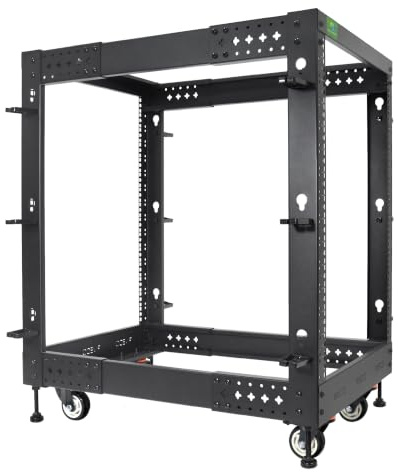 RIVECO 15U Server-Rack, verstellbare Tiefe, Netzwerk mit 4 Pfosten, offener Rahmen mit Nivellierfüßen und Rädern, vollständig Nieten, 635 kg