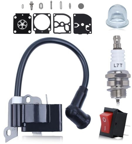 Haishine Bobine d'allumage pour Stihl FS38 FC55 FS45 FS46 FS55 HL45 HS45 KM55, avec Kit de réparation de Carburateur, Bougie d'allumage, Bulle d'huile, Interrupteur Universel pour Tronçonneuse