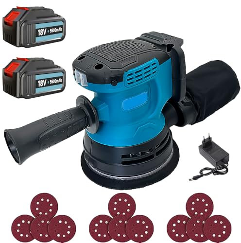 Cordless Sander with 2pcs 18v 3000mah Batteries, 125mm 13000rpm 3 Variable Speed Random Orbital Sander, 12pcs Sandpapers, Efficient Dust Collector, Ideal for DIY, Sanding Down & Finishing Wood