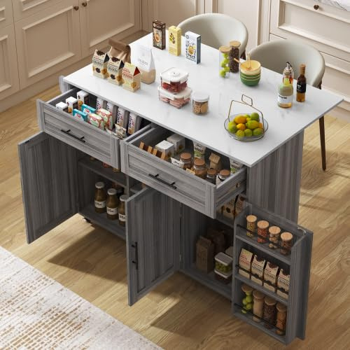 Huayz isola da cucina con piano ribaltabile, carrello da cucina su 5 ruote, con ripiano e 2 cassetti, per sala da pranzo 129×71×91,5cm (Grigio)