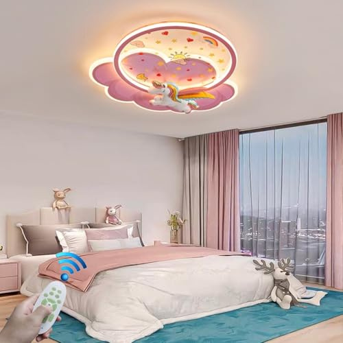 Stesulfr Rosa Deckenlampe mit Fernbedienung Moderne dimmbare LED Kinderzimmer Deckenleuchte Kreative Wolken-Einhorn-Dekoration Deckenbeleuchtung passend für Küche Schlafzimmer Mädchenzimmer Lampe(Unic