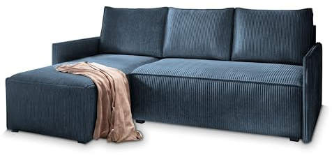 Masseno Ecksofa PERUSI mit Schlaffunktion L-Form, Sofa mit Bettkasten, Wohnzimmersofa, Couch, Soffa, Bettsofa, Couchgarnitur- Blau, POSO 05