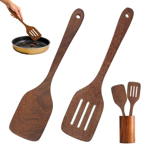 LeoHaze 2 Pièces Spatule Bois, Ustensiles de Cuisine Bois, Cuillere de Cuisine, Résistance aux Températures élevées, Légèreté, Convient pour la Friture, la Cuisson à la Poêle