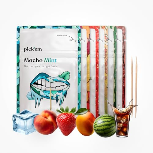 pick'em Palillos de dientes con sabor, paquete de 6 unidades, XXL, 120 palillos con sabor, menta, mango, cola, sandía, melocotón, fresa, palillos de dientes con sabor, palillos de dientes aromatizados