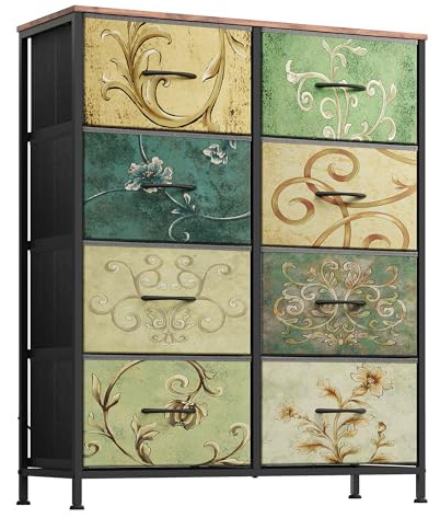 WLIVE Tall Chest of Drawers, 8 Fabric Drawers Dresser Bedroom, Retro Prints