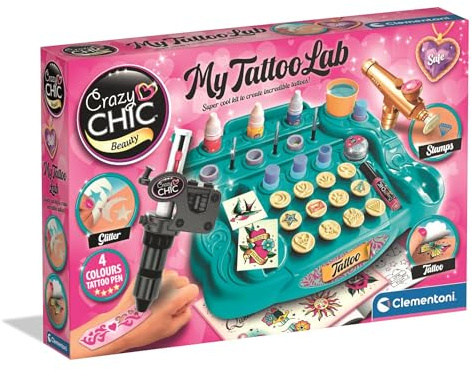 Clementoni Crazy Chic - My Tattoo Lab, Gioco Creativo per Bambine di 6+ Anni, Kit per Creare Tatuaggi Temporanei Personalizzati, Punte Intercambiabili, Glitter Colorati, Stencil e Accessori, 18260