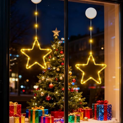 JYTGALX 2 Stück LED-Sternen-Lichterkette warmweiß Batteriebetrieben mit Timer & Saugnäpfen, Weihnachtsdeko für Fenster, Balkon, Party & Hochzeit