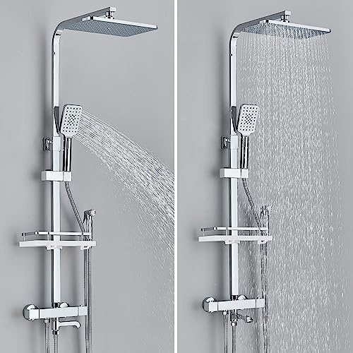 Juego de grifos de Ducha Expuestos, 4 Funciones de Ducha termostática, Cabeza de Ducha, Ducha Manual, bocina, rociador de Bidet, Estante de Ducha de Doble manija de Montura de Pared (Cromado)