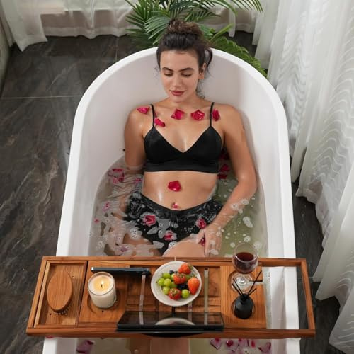 Proaustin Plateau de baignoire en teck pour baignoire, organiseur de baignoire unique avec livre, tablette, verre à vin, gobelet, serviette, réglable, pour vos proches