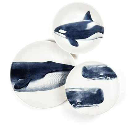 Excelsa Faune & Flore, Set 3 Piatti in Ceramica, Decorazioni Cetacei Blu, Piano 27cm, Fondo 20cm, Frutta 21cm