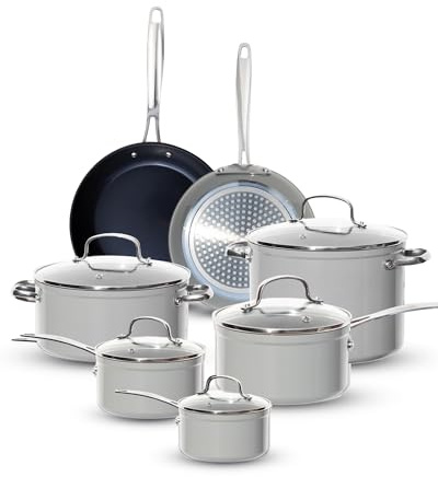 Nuwave Healthy G11-Pots and Pans Set Non Stick, 9H Near-Diamond Hardness Scratch-Resistant, Works on All Stovetops, PFAS Free, with Frying Pans, Saucepans & Glass Lids, Stay-Cool Handles, Cool Gray