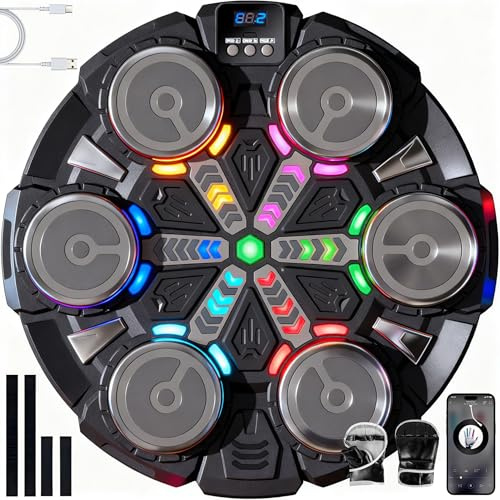 Music Boxing Machine, Smart Bluetooth Wall Boxing Game with Boxing Gloves, 3 Game Modes with Score Display, Adjustable Speed&Counting Mode, Boxing Machine for Kids, Boys Gifts (Black, 6 Targets)