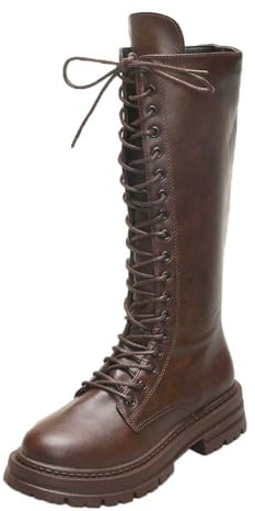 BIBOKAOKE Stivali alti da donna Retrò PU pelle bassa piatta stivali con lacci lunghi stivali alti stivali alla moda camoscio plateau stivaletti con tacco grosso, marrone, 43 EU