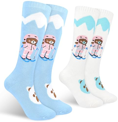 KOOOGEAR Calzini da sci per bambini, 2 paia di calzini termici da sci ad alte prestazioni per sci, snowboard, escursionismo, attività all'aperto, Blu/bianco, 5-10 Years