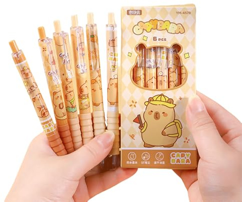 Canollo 6 Stück Capybara Kugelschreiber, Tier Cartoon Capybara Gelstifte, Capybara Schreibender Druckkugelschreiber, 0,5 mm schnell trocknende Tinte Stifte für Büro Studenten Schulbedarf(Schwarz)