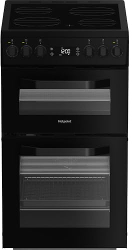 HDE5VDCB 50cm Ceramic Electric Cooker with Double Oven, Modern Black Cooker, A Rated Energy Efficiency, 4 Zone Ceramic Hob, Fan Oven & Grill, Easy Clean Enamel Interior