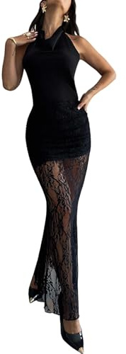 GORGLITTER spetskjol hög midja maxikjol elegant fisksvans kjol långa kjolar festkjol festival outfit, svart, S