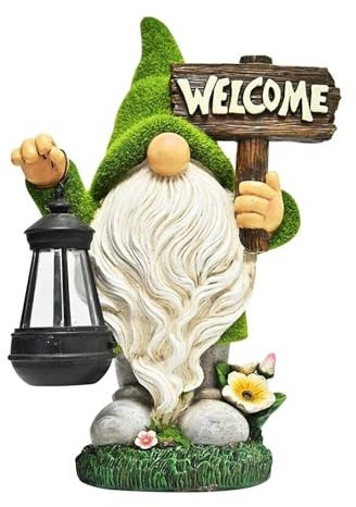 Funny Garden Gnome with Solar Lantern and Welcome Sign Solar Garden Ornaments Gnome Figurine for Patio Lawn Sculptures