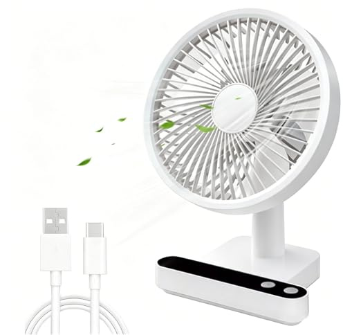 Mini Ventilador Silencioso USB, 5000mAh Recargable, 4 Velocidades, 180° Oscilación, Ventilador Portátil con Luz Indicador, Base de Silicona Antideslizante, para Oficina Salón Dormitorio (Blanco)