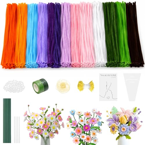 800 Stück Pfeifenreiniger Blumen Set, 13 Farben Pipe Cleaners zum Basteln für DIY, mit 50 Stück grünem Blumendraht, Schleifenband, Klebeband und Staubblätter. Ideal für Weihnachten,und Muttertag.