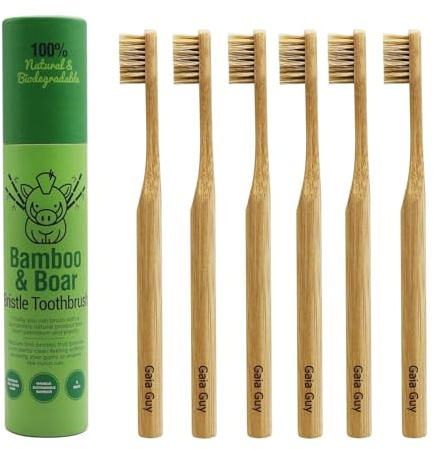 Gaia Guy Tandborstar i bambu med naturliga svinets hår, set med 6 tandborstar för vuxna, utan nylon, naturliga hår utan plast, bambu handtag, gjorda med material